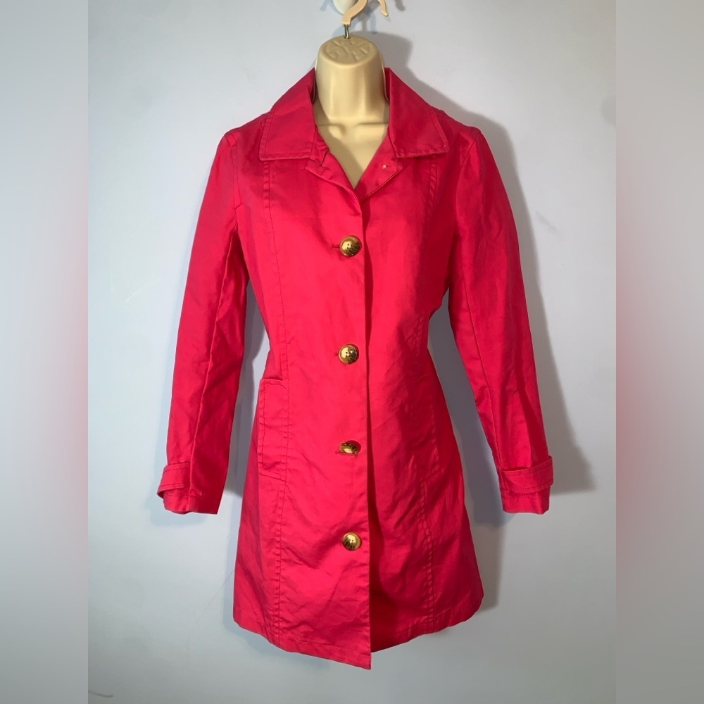 Old Navy Bright Pink midi Trench Coat big Buttons 100% cotton canvas med vintage